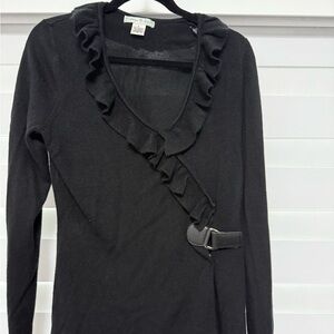 Vintage Suzie Black Ruffle Wrap Long Sleeve Top with Side Buckle